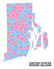Mosaic Rhode Island State map of love hearts in pink and blue colors isolated on a white background. Lovely heart collage in shape of Rhode Island State map.