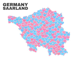 Mosaic Saarland Land map of love hearts in pink and blue colors isolated on a white background. Lovely heart collage in shape of Saarland Land map. Abstract design for Valentine illustrations.