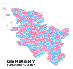Mosaic Schleswig-Holstein Land map of love hearts in pink and blue colors isolated on a white background. Lovely heart collage in shape of Schleswig-Holstein Land map.