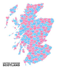 Mosaic Scotland map of valentine hearts in pink and blue colors isolated on a white background. Lovely heart collage in shape of Scotland map. Abstract design for Valentine decoration.