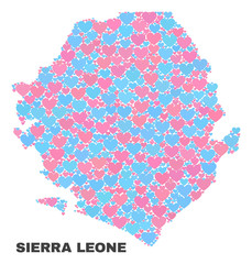 Mosaic Sierra Leone map of lovely hearts in pink and blue colors isolated on a white background. Lovely heart collage in shape of Sierra Leone map. Abstract design for Valentine illustrations.