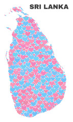 Mosaic Sri Lanka map of valentine hearts in pink and blue colors isolated on a white background. Lovely heart collage in shape of Sri Lanka map. Abstract design for Valentine decoration.