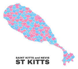 Mosaic St Kitts Island map of love hearts in pink and blue colors isolated on a white background. Lovely heart collage in shape of St Kitts Island map. Abstract design for Valentine illustrations.