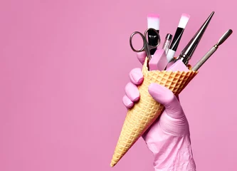 Poster Manicure en pedicure abstract concept. Handgreepwafelskegel met instrumenten voor nagelsalon en spa-borstelnagelvijl  © Dmitry Lobanov