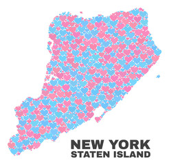 Mosaic Staten Island map of valentine hearts in pink and blue colors isolated on a white background. Lovely heart collage in shape of Staten Island map. Abstract design for Valentine decoration.