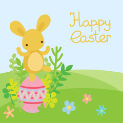 Vector easter bunny and egg in field.
