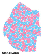 Mosaic Swaziland map of lovely hearts in pink and blue colors isolated on a white background. Lovely heart collage in shape of Swaziland map. Abstract design for Valentine decoration.