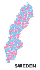 Mosaic Sweden map of lovely hearts in pink and blue colors isolated on a white background. Lovely heart collage in shape of Sweden map. Abstract design for Valentine illustrations.