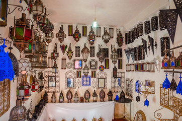 Street of Marrakech market with traditional souvenirs, Morocco