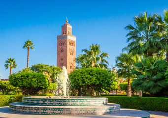 Fototapeta na wymiar Koutoubia Mosque minaret in old medina of Marrakesh, Morocco