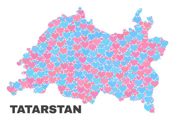 Obraz premium Mosaic Tatarstan map of lovely hearts in pink and blue colors isolated on a white background. Lovely heart collage in shape of Tatarstan map. Abstract design for Valentine decoration.