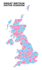 Mosaic United Kingdom map of lovely hearts in pink and blue colors isolated on a white background. Lovely heart collage in shape of United Kingdom map. Abstract design for Valentine illustrations.