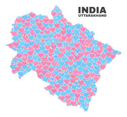 Mosaic Uttarakhand State map of love hearts in pink and blue colors isolated on a white background. Lovely heart collage in shape of Uttarakhand State map. Abstract design for Valentine decoration.