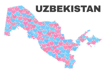 Mosaic Uzbekistan map of valentine hearts in pink and blue colors isolated on a white background. Lovely heart collage in shape of Uzbekistan map. Abstract design for Valentine decoration.