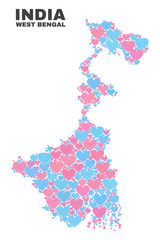 Mosaic West Bengal State map of lovely hearts in pink and blue colors isolated on a white background. Lovely heart collage in shape of West Bengal State map. Abstract design for Valentine decoration.