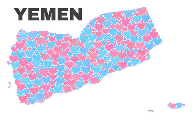 Mosaic Yemen map of love hearts in pink and blue colors isolated on a white background. Lovely heart collage in shape of Yemen map. Abstract design for Valentine decoration.