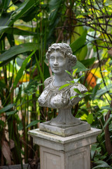 A pale white plaster statue of baroque male in a tropical garden.