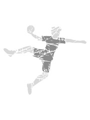 Fototapeta na wymiar kratzer risse stempel silhouette umriss handball ball werfen punkten springen einwurf verein fan team mannschaft clipart design mann junge spaß sport cool