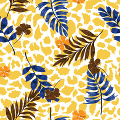 Bright summer Tropical summer floral safari leaves on exotic animal skin leopard prints  ,hand drawn style background.