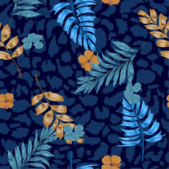 Dark summer Tropical summer floral safari leaves on exotic animal skin leopard prints  ,hand drawn style background. Seamless vector pattern