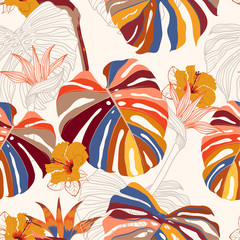 Beautiful bright Seamless pattern vector Contemporary tropical floral . Modern exotic  jungle and plants illustration in hand drawn style design for fashion,fabric,wallpaper and all prints © MSNTY_STUDIOX