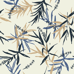 Fototapety  Piękny wektor wzór pędzla niebieskie i beżowe liście bambusa i kwiat w stylu orientalnym dla mody, tkaniny, tapety