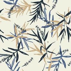 Papier Peint Lavable Style japonais Beau vecteur de modèle sans couture de feuilles de bambou bleu et beige de brosse et conception de style oriental de fleur pour la mode, tissu, papier peint