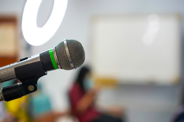 Fototapeta premium focus microphone in make up class.