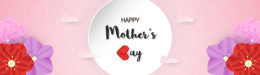 Template design for happy mother's day. Vector illustration in paper cut and craft style. Decoration background with flowers for invitation, cover, banner, advertisement.