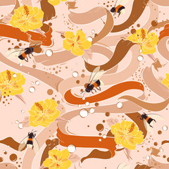 Beautiful retro  ribbon flowing with blooming hibiscus flower and bubbles delicate mood seamless pattern vector design for fashion,fabric,wallpaper
