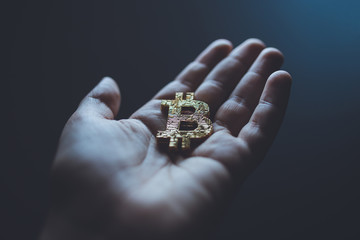 One human hand holding a golden Bitcoin cryptocurrency logo