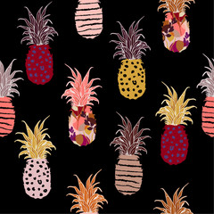 Remplissage d& 39 ananas coloré à la main avec motif de ligne de croquis à la main sans couture, conception vectorielle pour la mode, tissu, papier peint