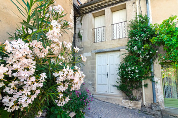 Fototapeta na wymiar The street in the town of Gordes with flowers in the foreground, Provence, France