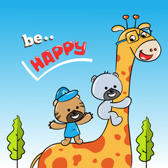 Be Happy. Giraffe and Little Bear illustration - Vector