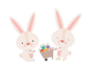 bunnies with wheelbarrow and flowers isolated icon