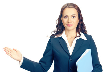 Businesswoman showing, isolated on white
