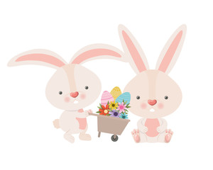 Obraz na płótnie Canvas bunnies with wheelbarrow and easter eggs icon