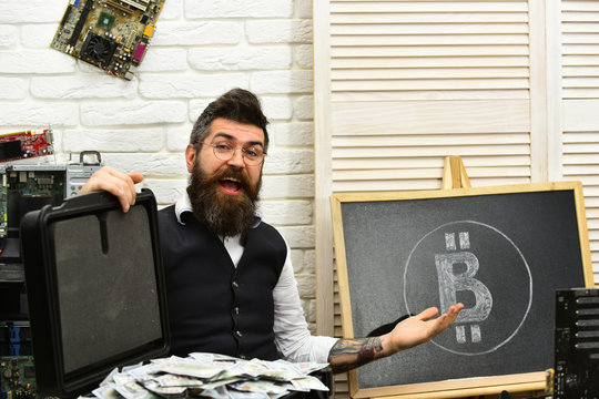 Using Bitcoin to transact is easy. Bearded hipster with bitcoin symbol and dollars. Bearded man with cash money. Business man in server room. From paper money to crypto currency. Bitcoin for business