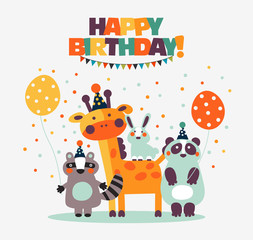 Happy birthday - lovely vector card with funny, cute animals, balloons and garlands. Perfect for cards, invitations, party, banners, kindergarten, preschool and children room decoration