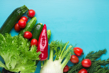 Fresh green and red raw vegetables, copy space