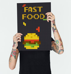 Woman holding banner of 8 bit illustration of tasty burger meal