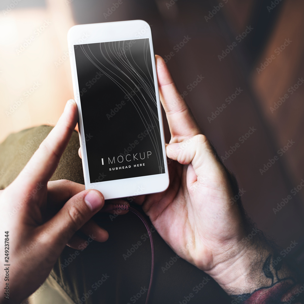 Poster man using a smartphone mockup
