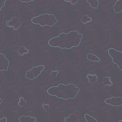 Vector illustration of marble clouds, rainbow and leaves outlines. Seamless pattern texture background in spectrum of aqua, pink, purple, ochre, gree, turquoise and light pink colors.