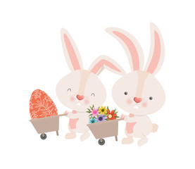 bunnies with wheelbarrow and easter egg icon