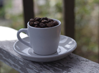 Coffee beans in a white porcelain demitasse (espresso) cup and saucer on a grey weathered teak chair arm rest outdoors