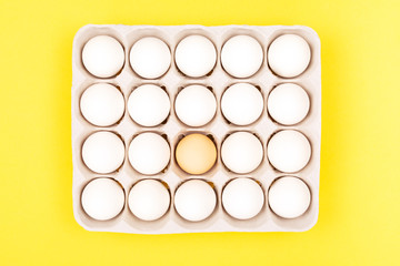 Eggs in egg box on yellow background