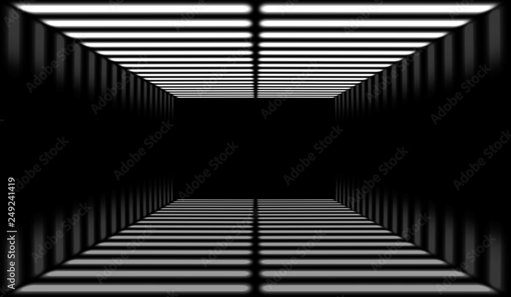 Poster 3d rendering. modern white neon light along rectangle cube tunnel background.