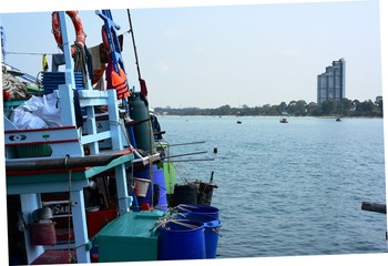Close-up photos of small fishing boats at the fishing fishing port, Bang Saray Subdistrict,...