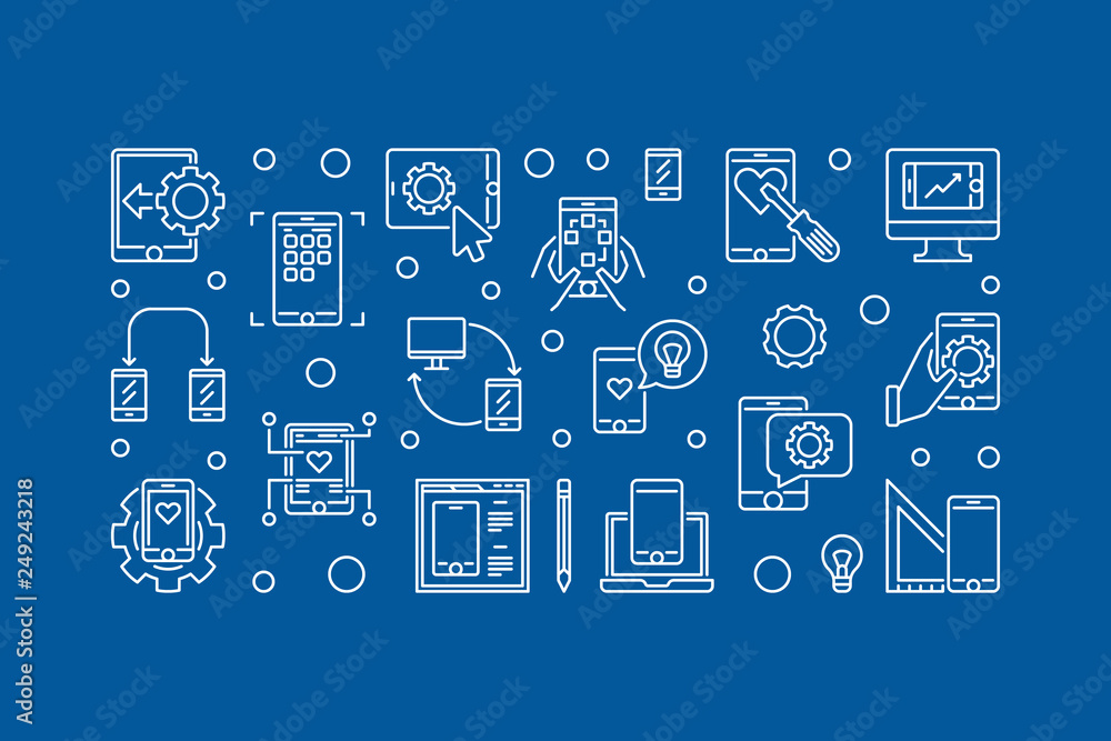 Poster mobile app development concept horizontal illustration in thin line style. vector application develo