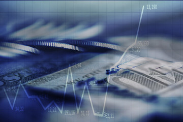 Double exposure Rows of coins of Credit cards on the table,finance and business concept,Money,soft focus and blurred style,dark tone.